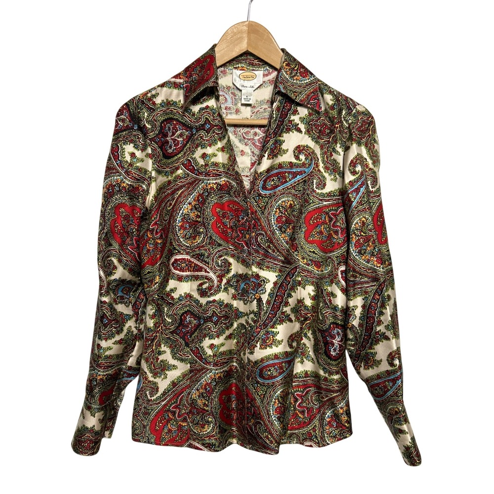 VTG Talbots Pure Silk Paisley Print Button Down Shirt Red Green Ivory Size 6 EUC
